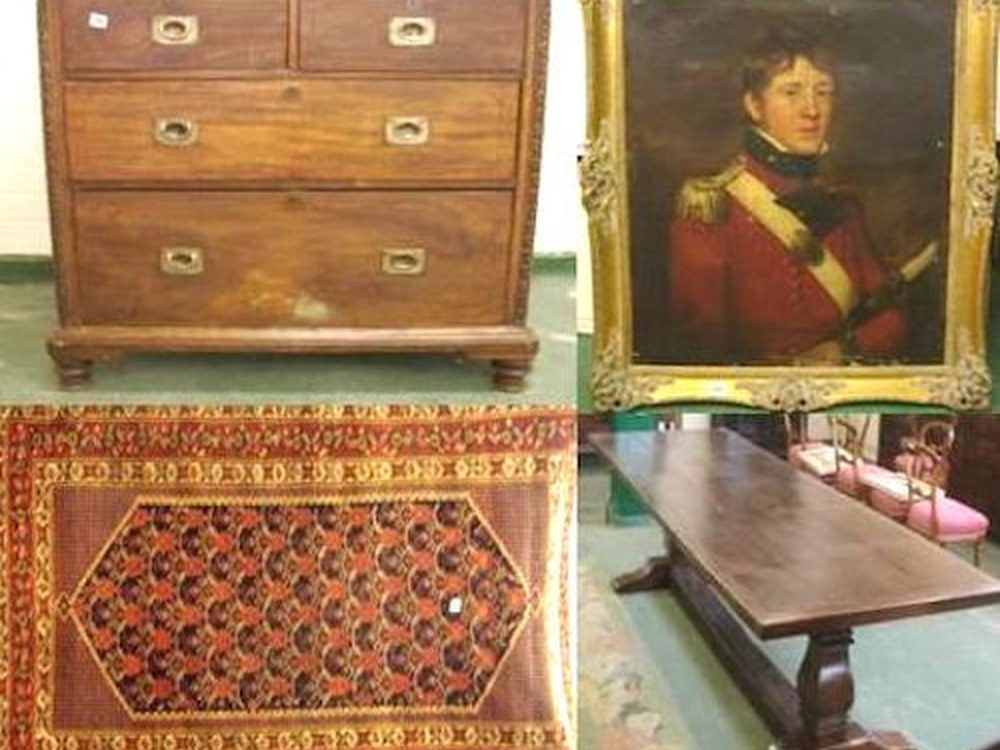 Furniture, a portrait and a rug cleared for auction