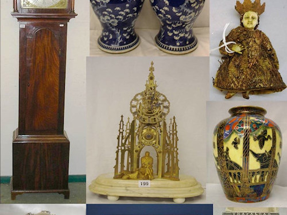 A longcase clock, blue and white vases and other lots